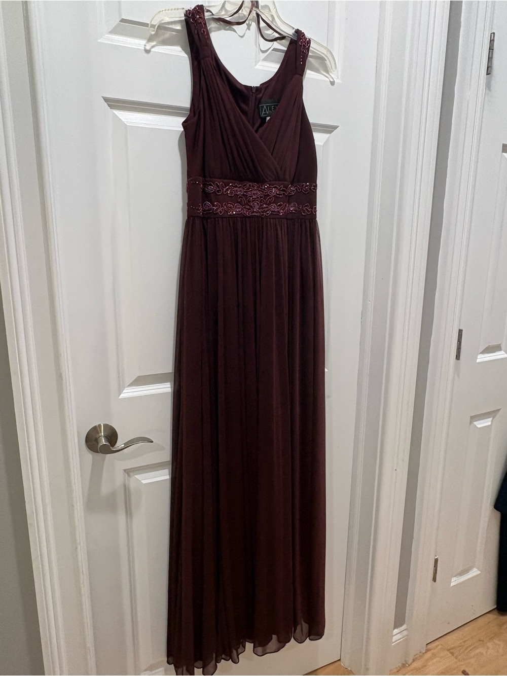 Alex Evenings Sleeveless V-Neck Burgundy Maxi Dress with Embellished Waist